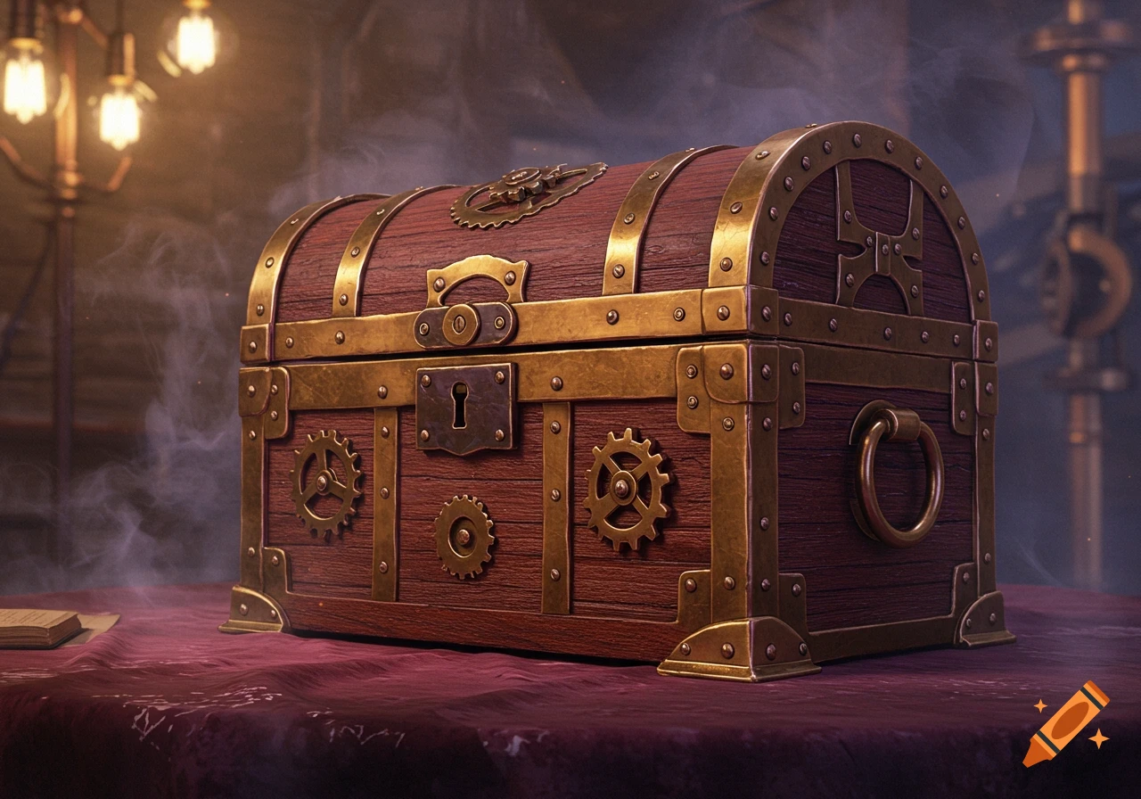 Detailed steampunk treasure chest made of dark wood and ornate brass with gears and a lock, on a purple cloth.