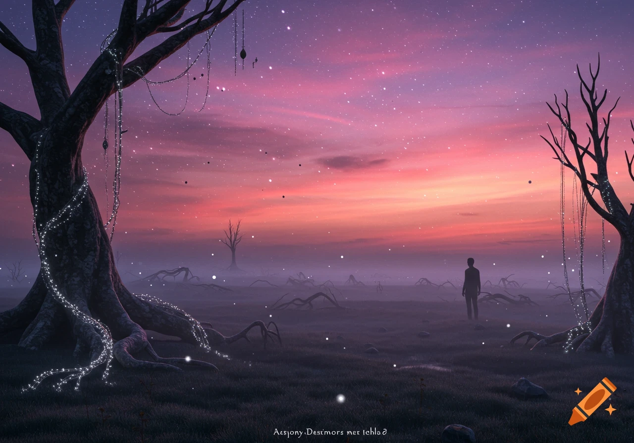 A lone silhouette stands in a misty, dark landscape with gnarled trees ...