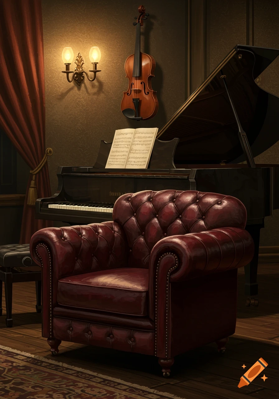 A cozy dandy-style room with a red chesterfield armchair, a grand piano with sheet music, a violin on the wall, and sconce lighting.
