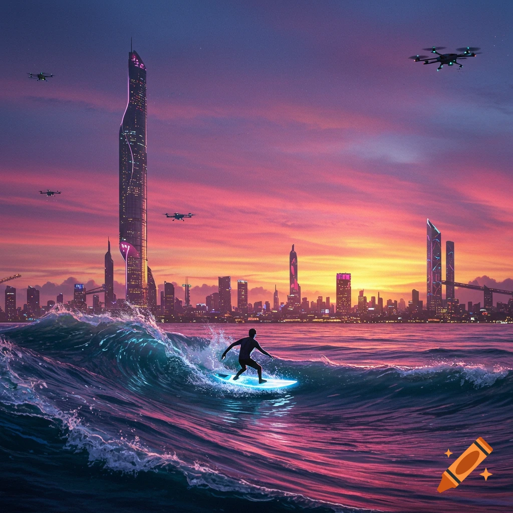 A silhouette of a surfer on a glowing board rides a wave in front of a futuristic city skyline with drones flying at sunset.