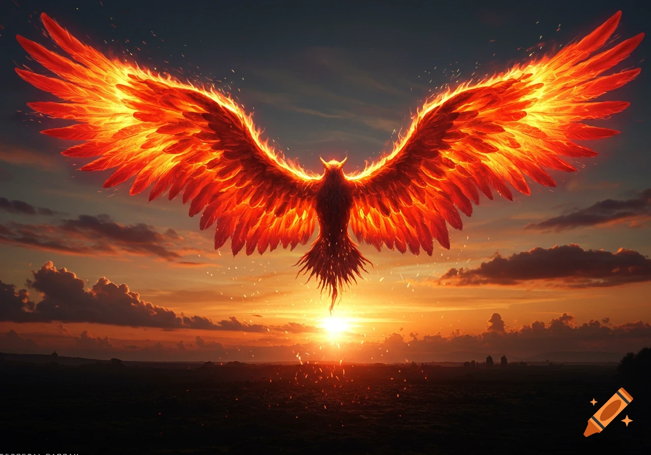 A majestic fiery phoenix with outstretched wings dominates a vibrant sunset over a dark landscape.