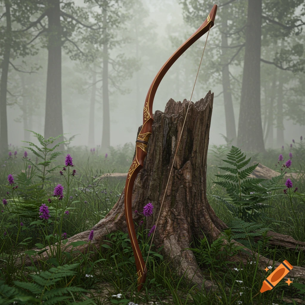 A detailed, ornate bow with gold accents rests against a tree stump in a misty, lush forest with purple flowers.