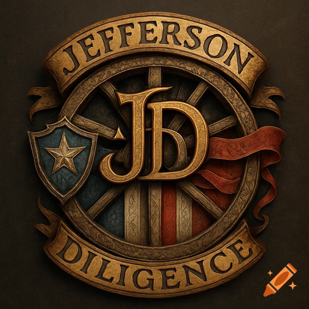 A fantasy-themed crest with a rustic wagon wheel, 'JD' initials, and banners reading 'JEFFERSON DILIGENCE', in a weathered medieval style.