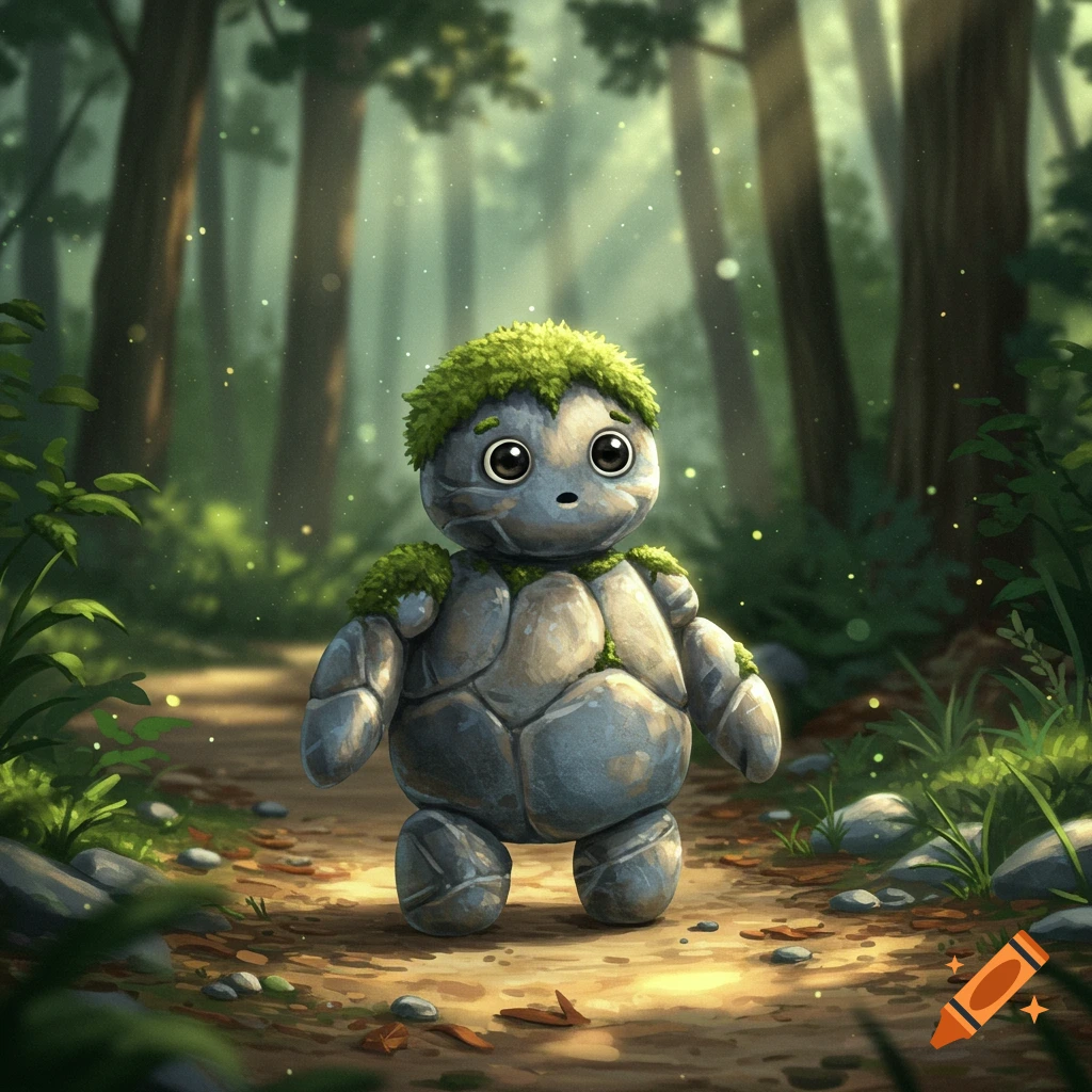 A cute, round, moss-covered rock creature with large dark eyes stands on a sunlit path in a lush green forest.