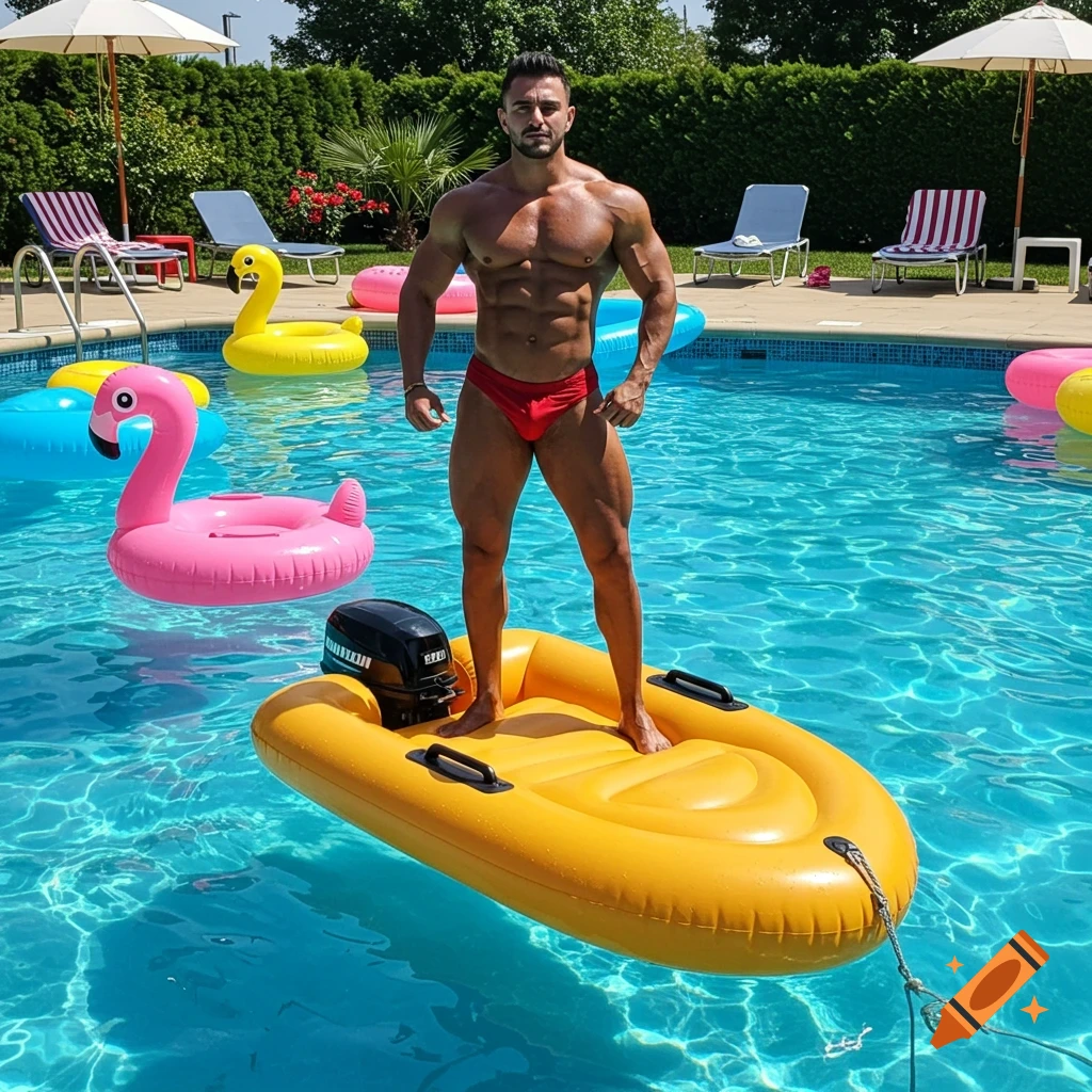 Muscular bodybuilder in a red speedo confidently stands on a yellow inflatable boat with a motor in a vibrant blue swimming pool, surrounded by colorful floaties and sun loungers.