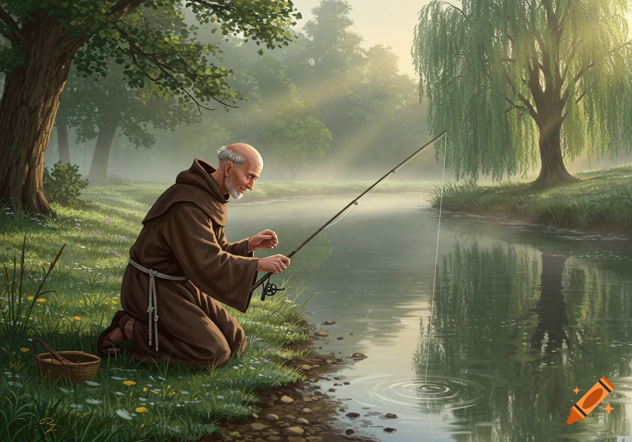A bald, bearded monk in a brown robe kneels by a calm river, fishing with a rod amidst lush trees and morning mist in warm sunlight.