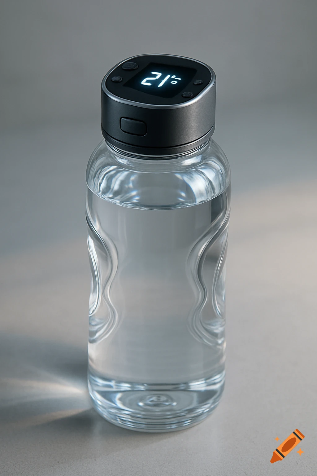 Photorealistic smart water bottle filled with water, featuring a digital display showing "210" on its black cap.