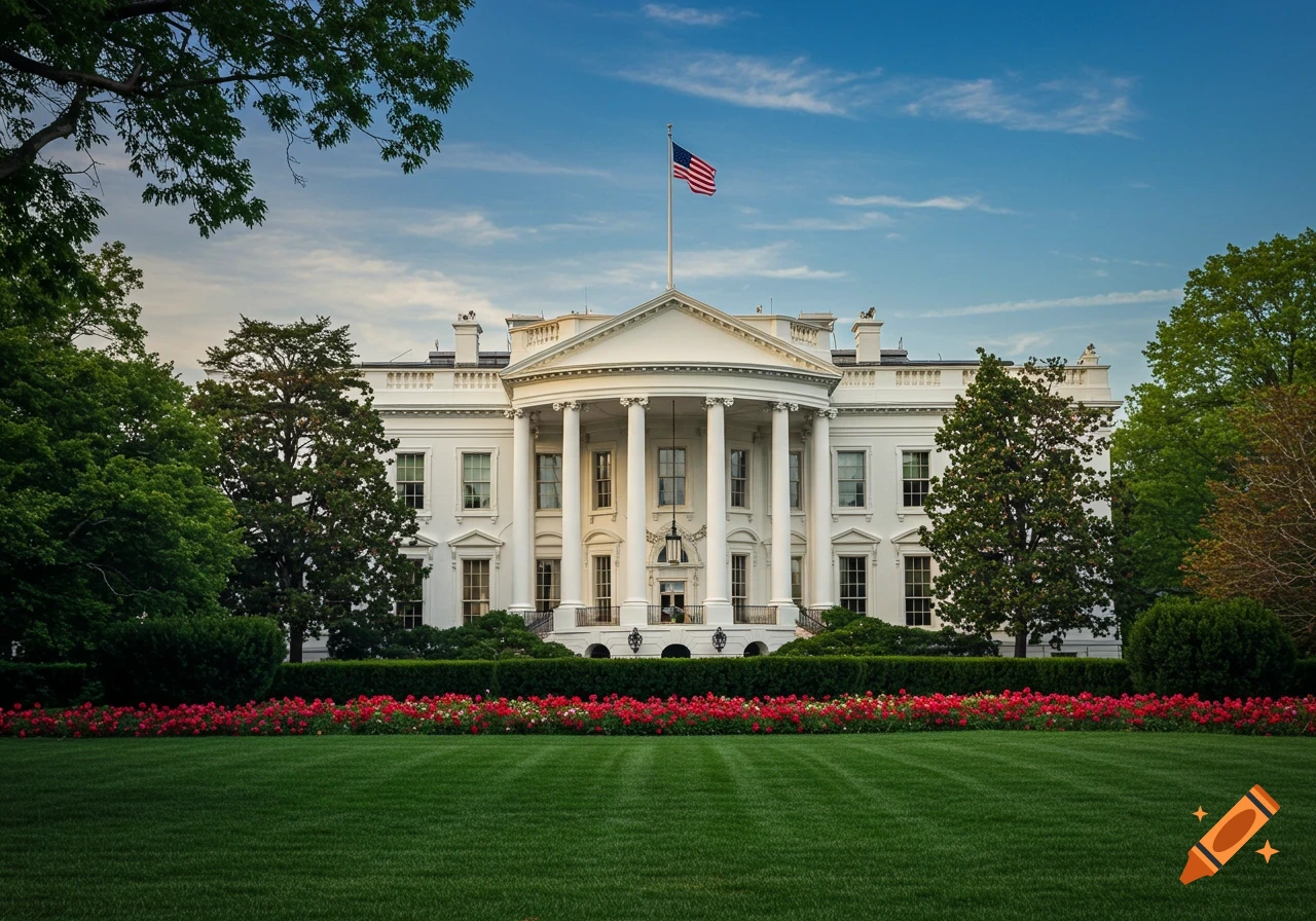 Photorealistic image of the White House with a green lawn, red flowers, and trees under a blue sky, American flag flying.