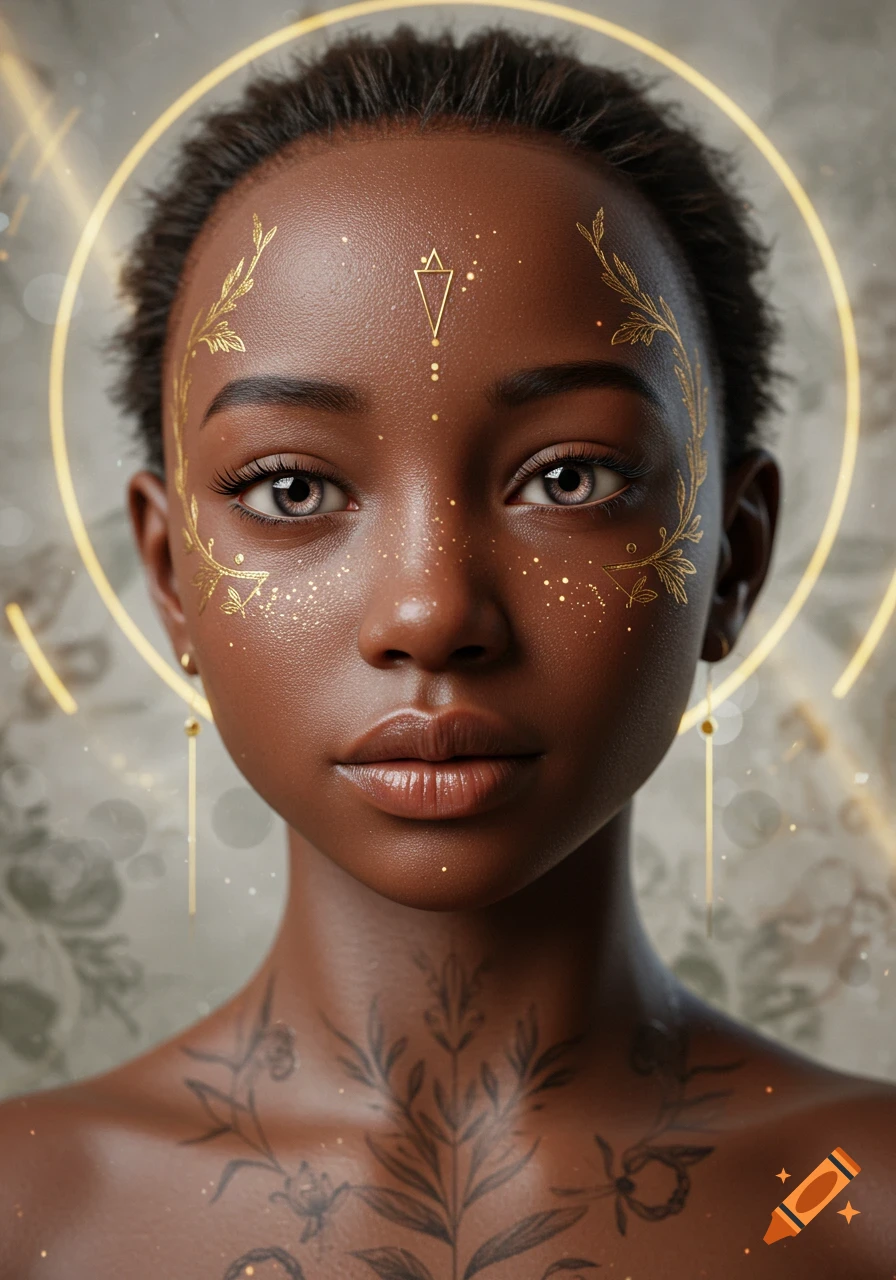 Close-up portrait of a young Black woman with gold leaf patterns on her face, a halo, and a botanical neck tattoo, against a soft, ethereal background.