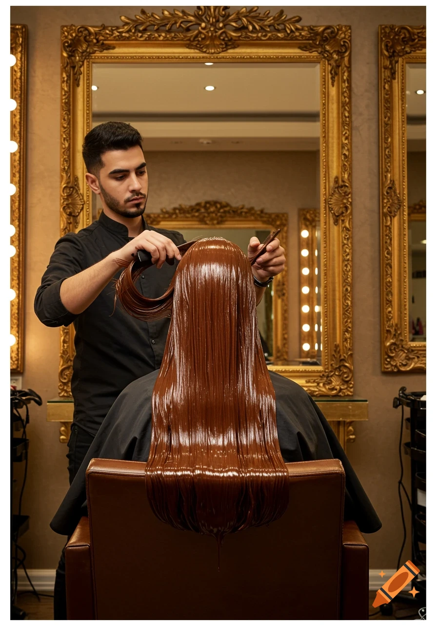 A male hairdresser combs long, glossy brown hair, resembling melted chocolate, in a salon with golden mirrors.