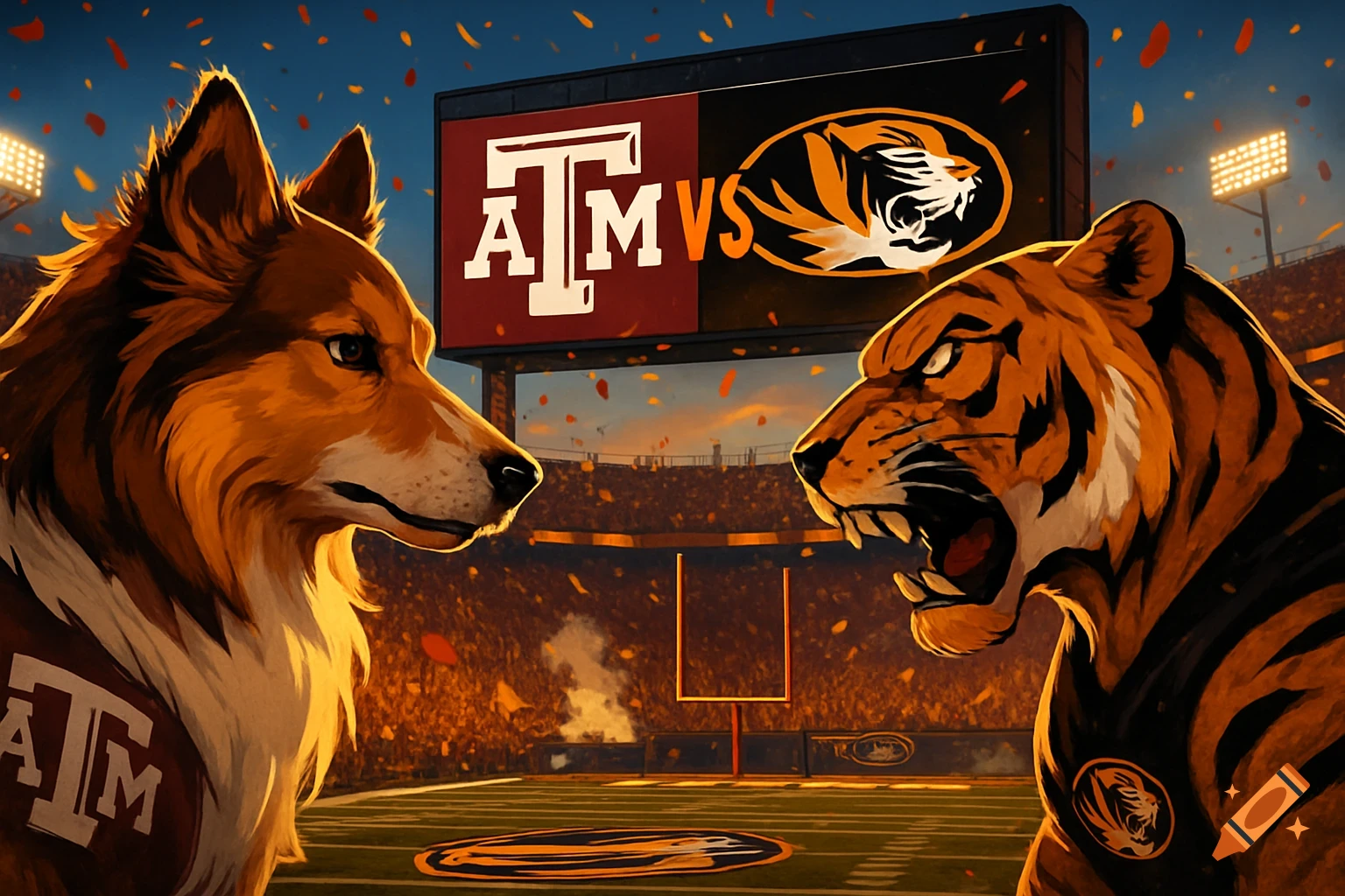 A stylized illustration showing a dog mascot with "A&M" on its shoulder and a roaring tiger mascot with a "Missouri" logo, facing each other in a football stadium with a scoreboard showing "A&M VS".
