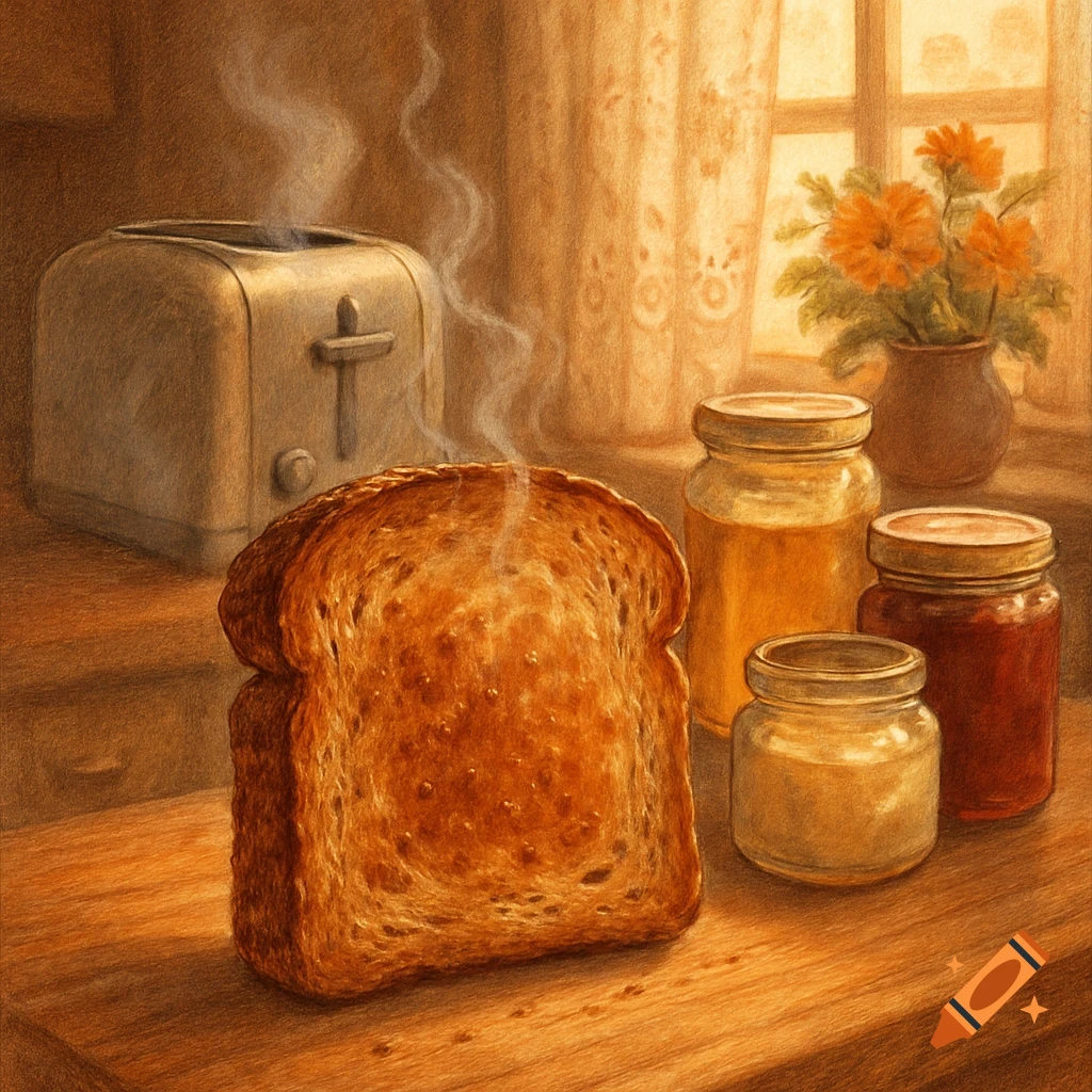 Steaming toasted bread stands upright next to a retro toaster, jars of jam and honey, and a vase of flowers on a wooden counter, rendered in a warm, painterly style.