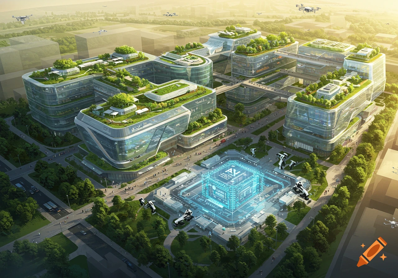 Aerial view of a futuristic green campus with glass buildings and a glowing AI hub, photorealistic rendering.
