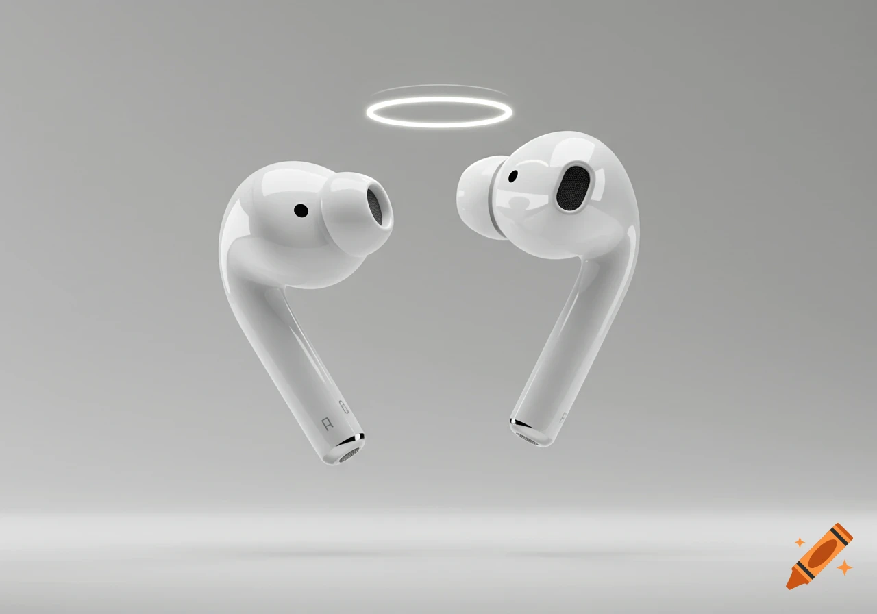 Two white wireless earbuds, resembling AirPods Pro, float against a light grey background. A glowing white halo hovers above the right earbud.