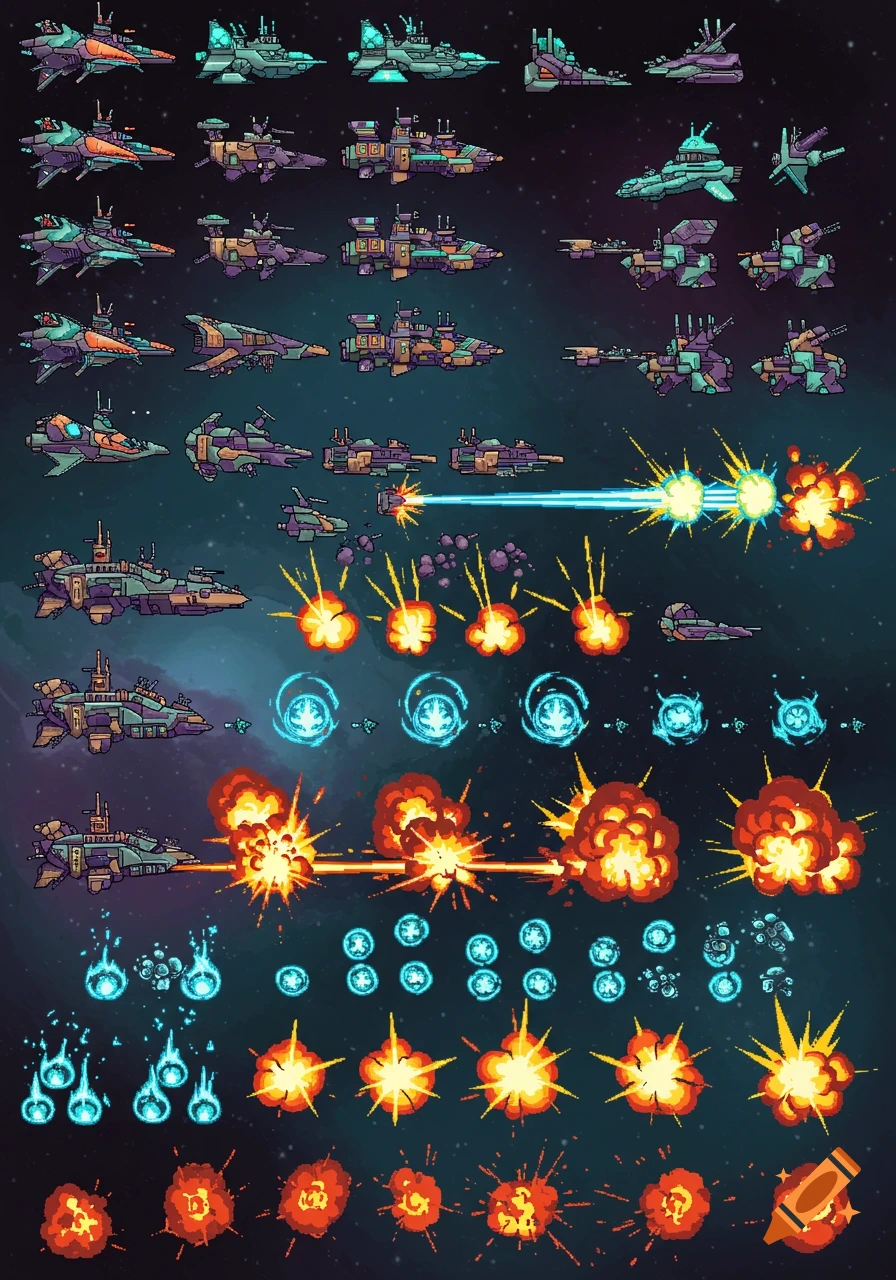 Pixel art sprite sheet displaying various alien sci-fi spacecraft, laser attacks, and explosion animations on a starfield background.