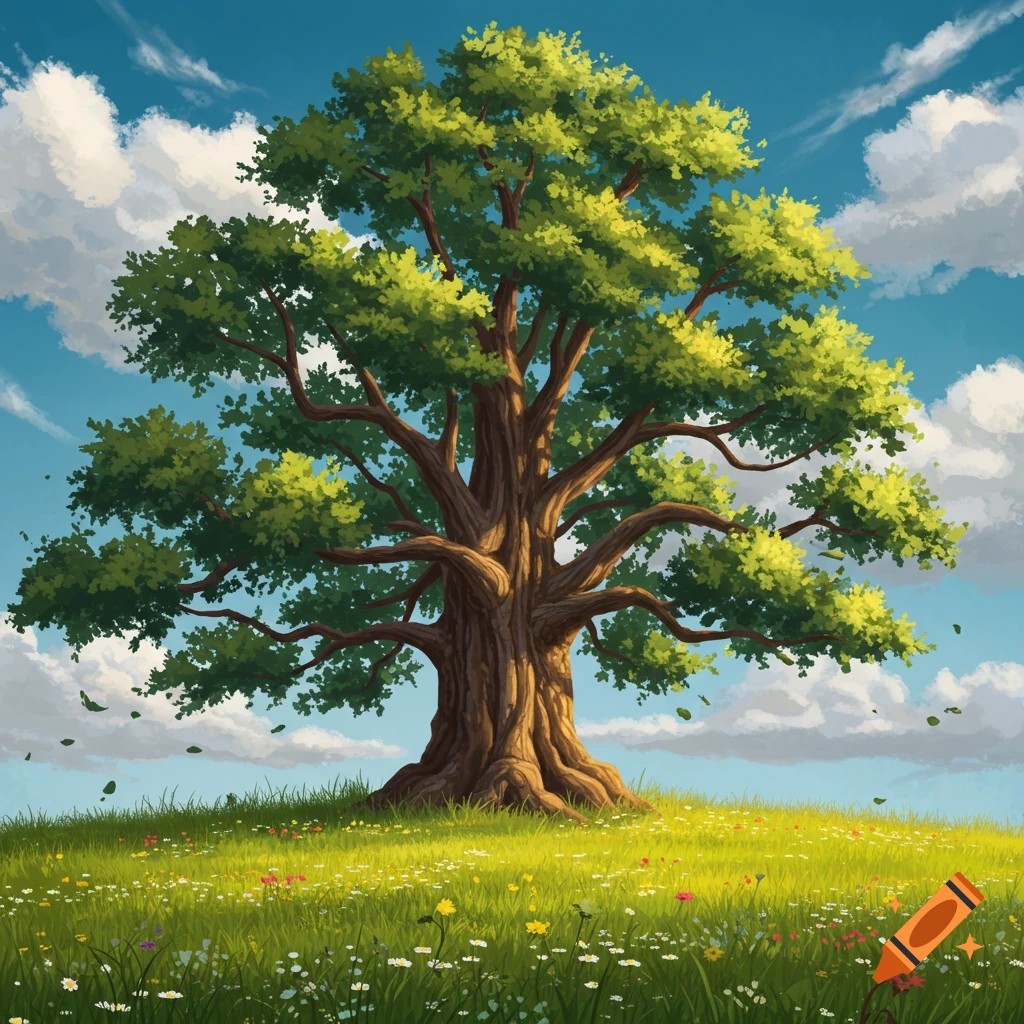 A vibrant illustration of a large, mature tree with green leaves standing on a grassy hill covered in wildflowers under a blue sky with white clouds.