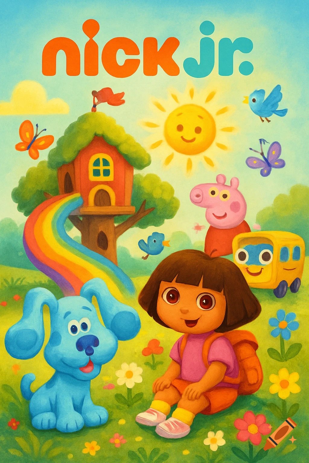 Colorful Nick Jr. illustration with Dora the Explorer, Blue from Blue's Clues, Peppa Pig, a yellow bus, a treehouse, sun, and butterflies.