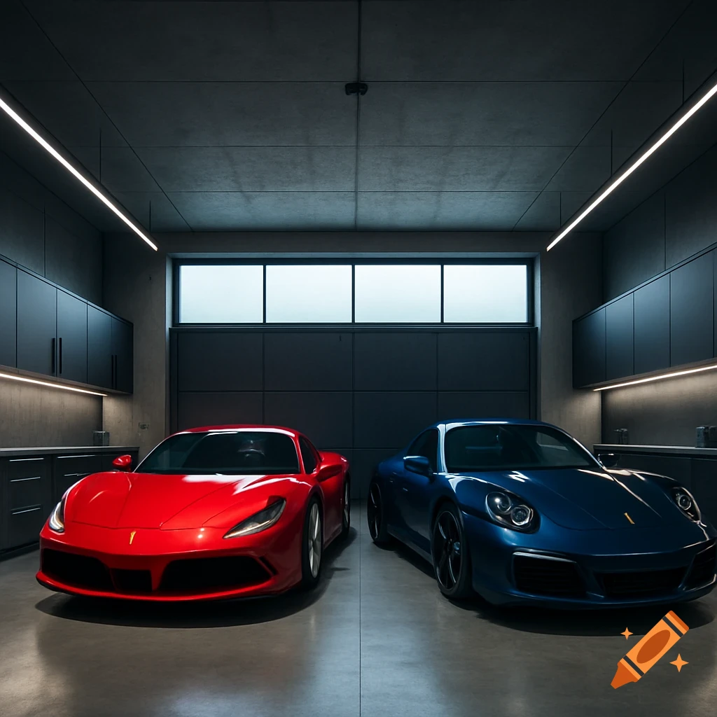 A red sports car and a blue sports car parked side-by-side in a modern, well-lit garage.