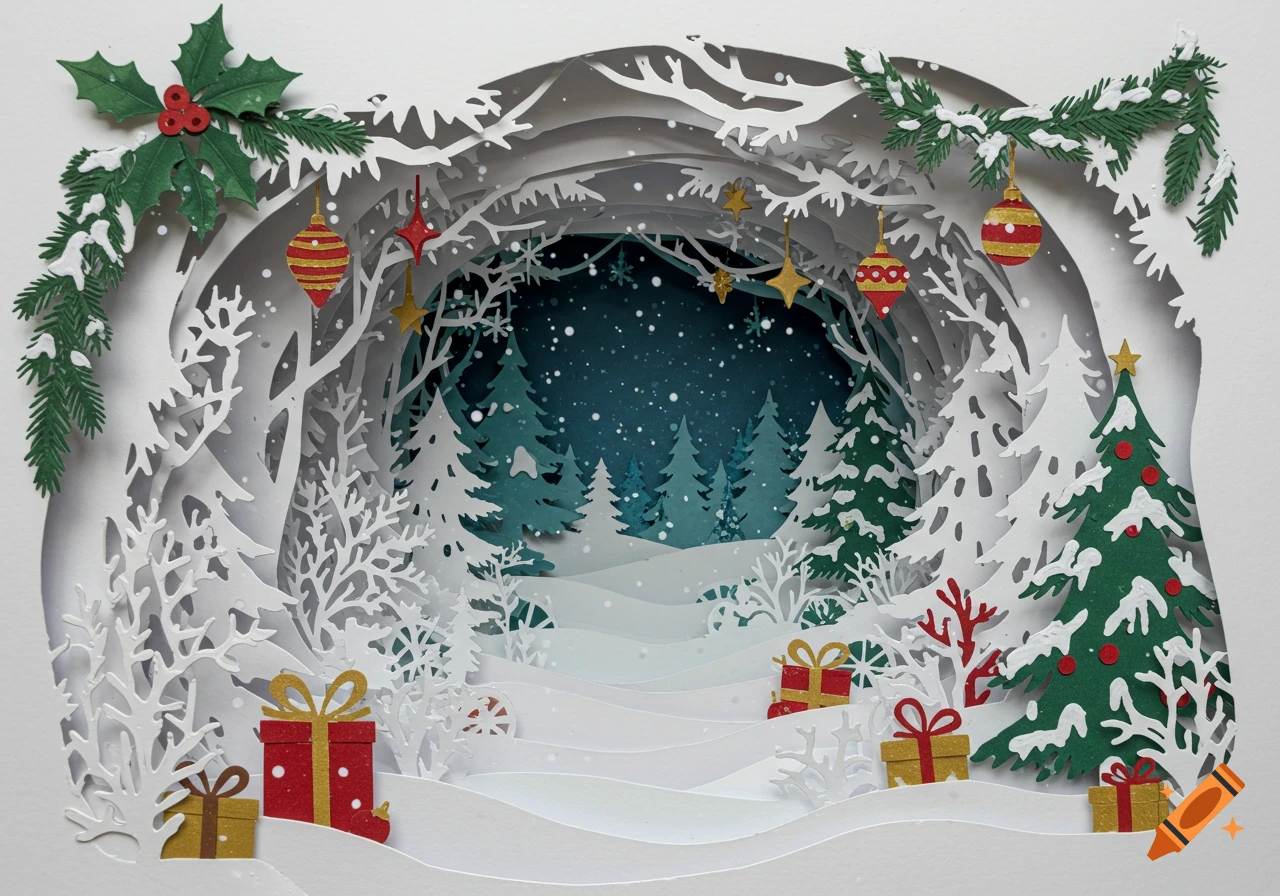 Paper-cut winter landscape with layered snowy trees, a starry sky, Christmas ornaments, holly, garlands, and gifts.