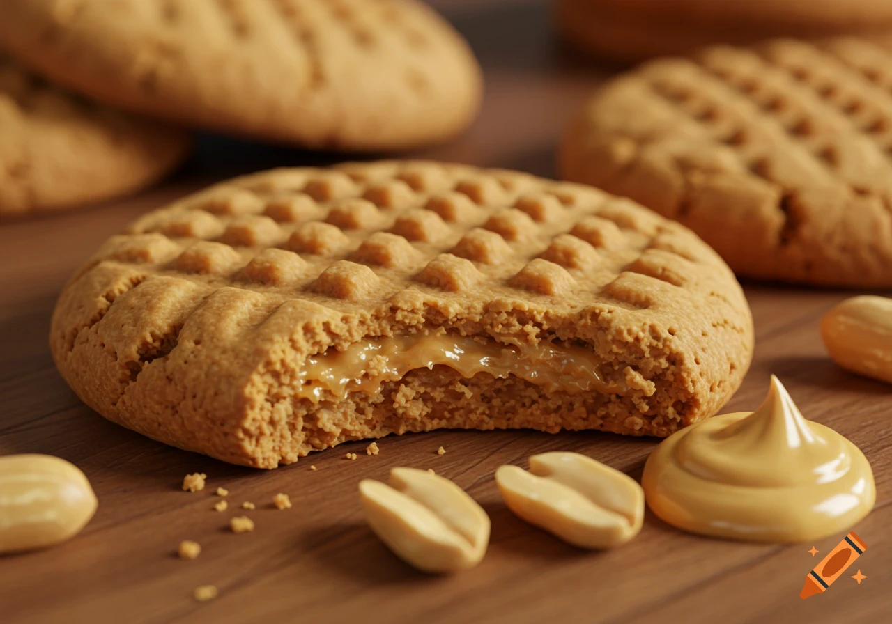 A close-up, photorealistic shot of a bitten peanut butter cookie filled with creamy peanut butter, next to whole peanuts and a dollop of peanut butter on a wooden surface.