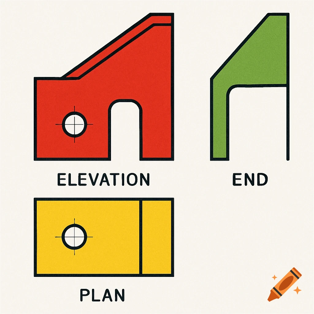 Technical drawing of an L-shaped mechanical part with red elevation, green end, and yellow plan views, featuring a hole.