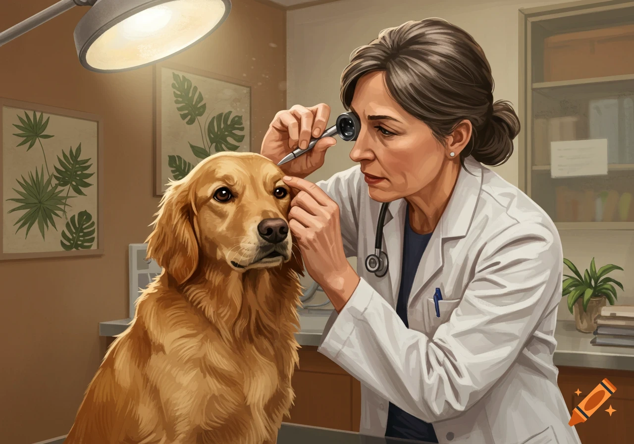 An illustration of a veterinarian examining the eye of a golden retriever dog with an otoscope in a brightly lit clinic.