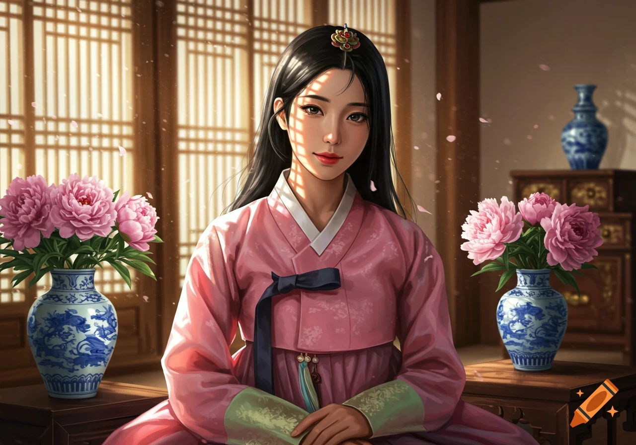 A young woman in a pink traditional Korean hanbok sits between two vases of pink peonies in a sunlit room with paper screens. Digital art.