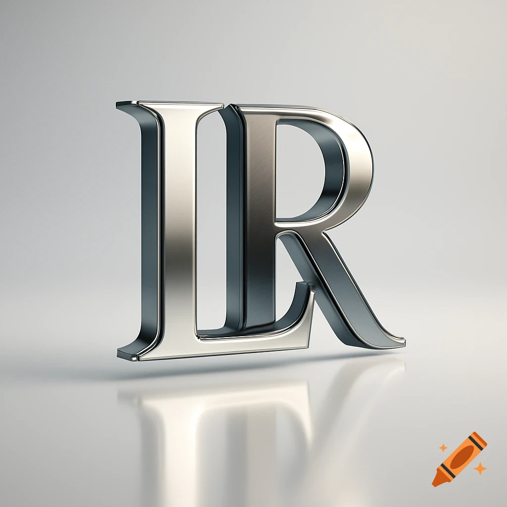 A 3D rendering of the letters 'L' and 'R' in shiny silver metal, standing on a reflective white surface.