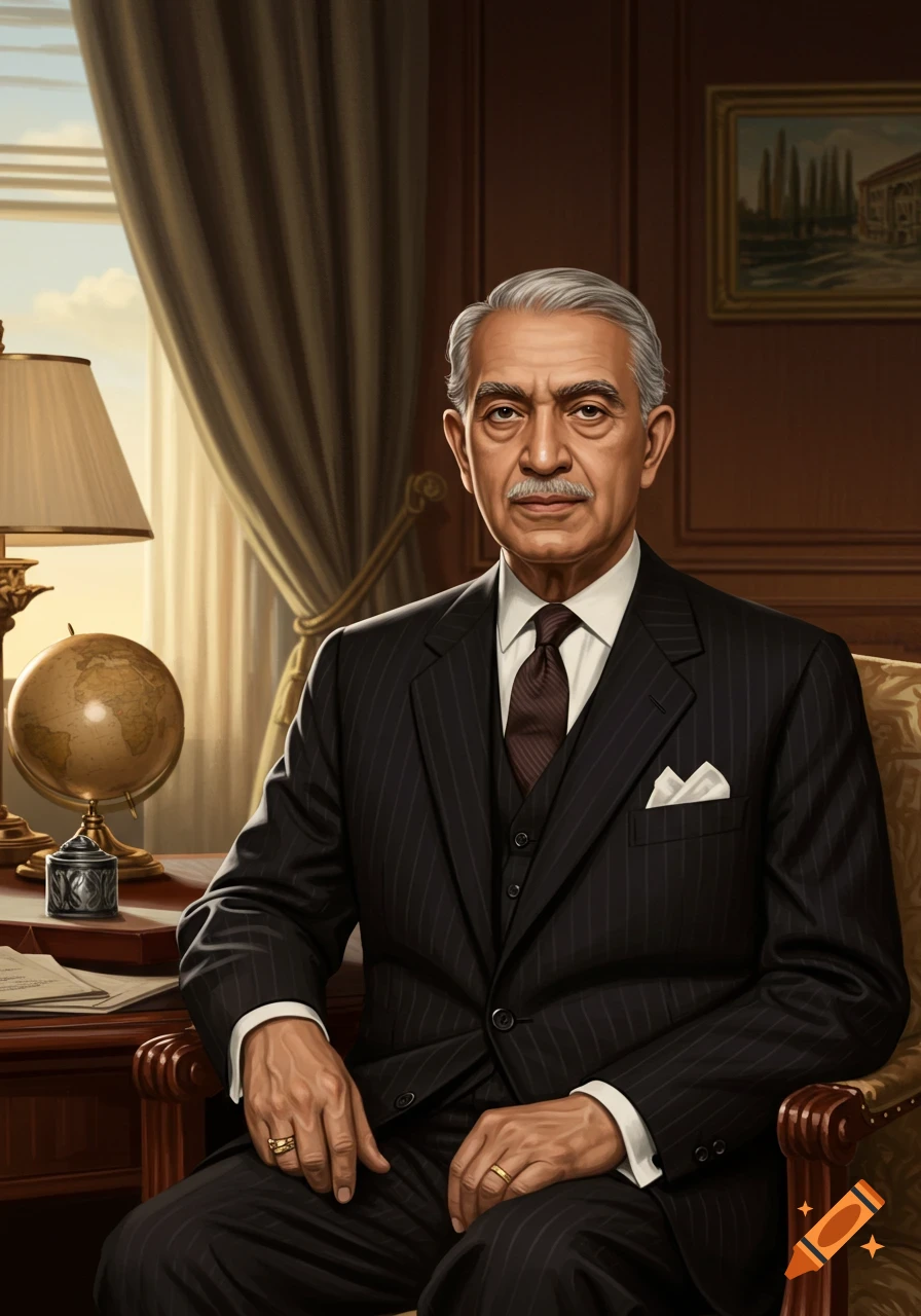 A formal portrait of a senior man with grey hair and a mustache, wearing a pinstripe suit, sitting at a desk with a globe.