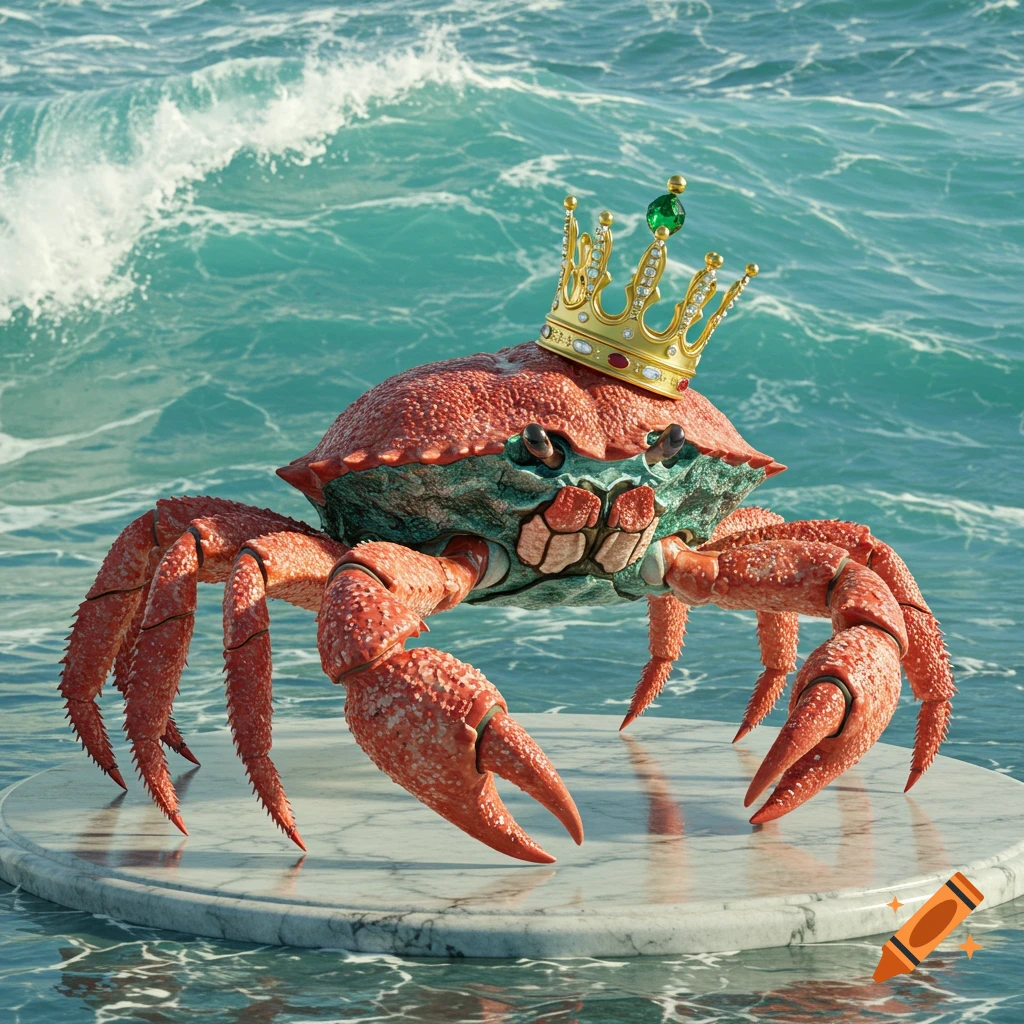 A realistic crab wearing a golden crown with a green gem stands on a marble platform in a wavy ocean.