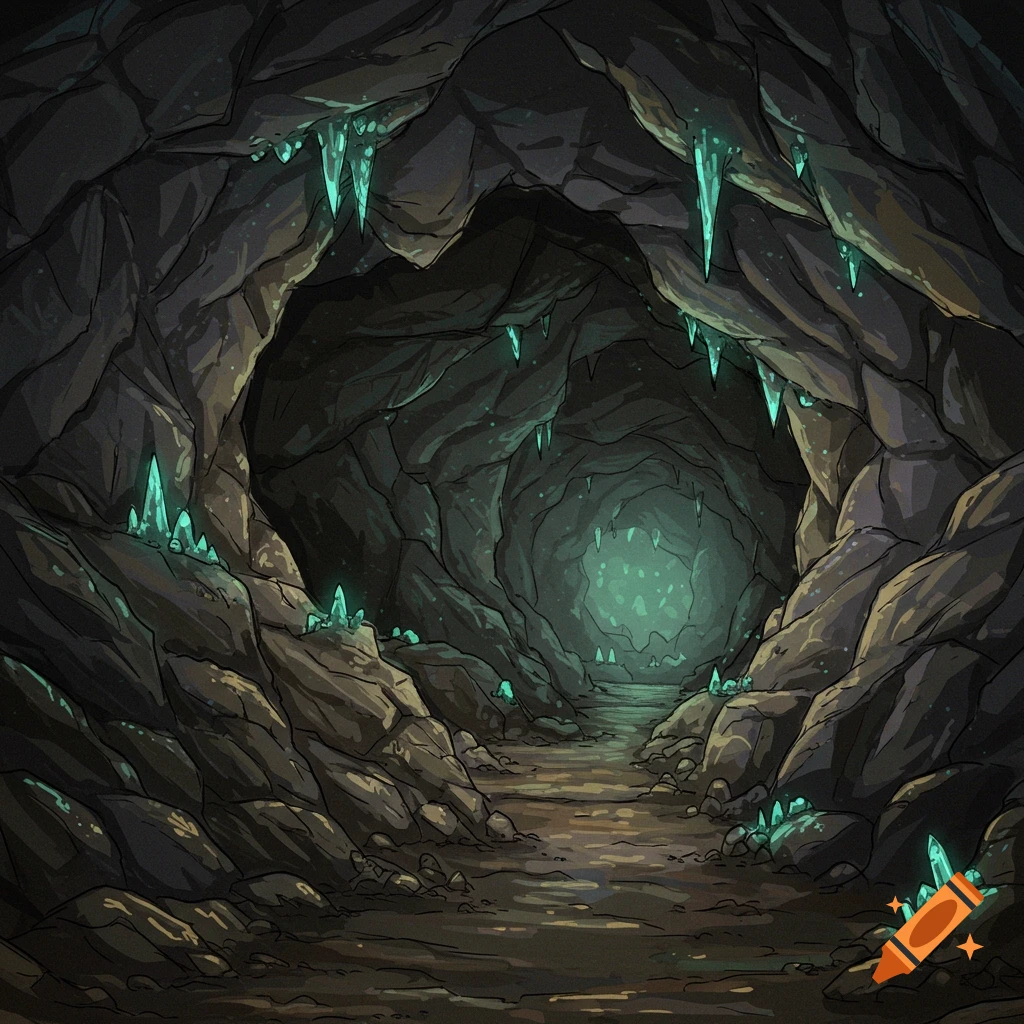 A dark cave with glowing teal crystals and stalactites, leading to a distant light source, in a textured 2D art style.