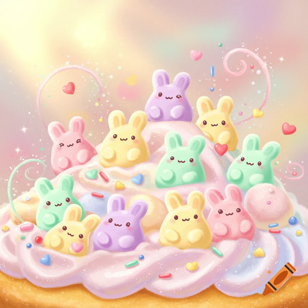 Cute pastel marshmallow bunnies arranged on a pink frosted dessert with sprinkles and hearts, in a kawaii illustration.