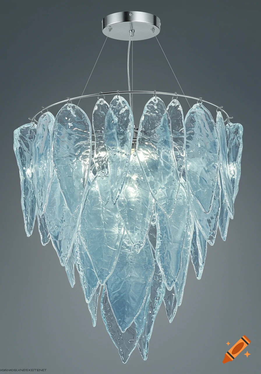 A modern chandelier featuring icy blue, frosted resin shards resembling frozen petals, hanging from a silver metal frame.
