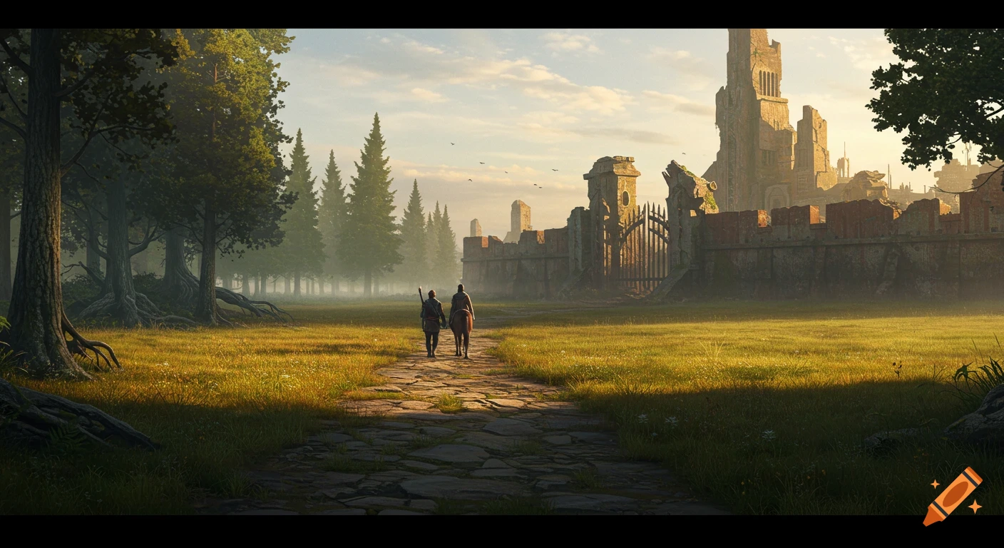 Two figures, one on horseback, walk on a stone path through a grassy plain towards a ruined city and dense forest under late-afternoon light.