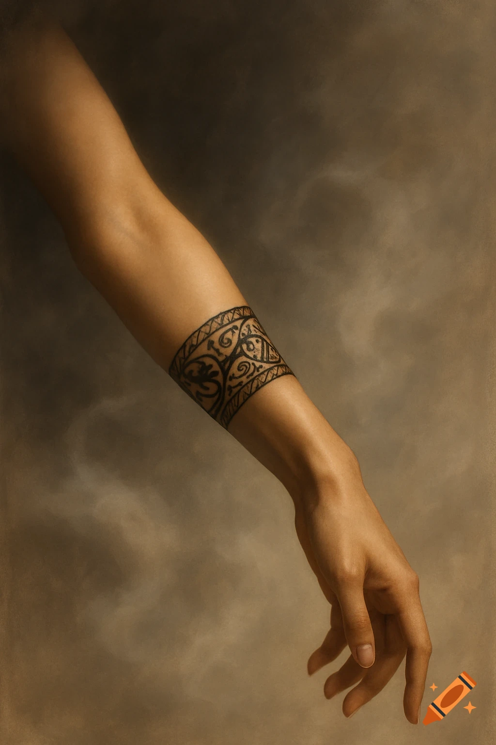 A person's forearm and hand with a detailed black ornamental bracelet tattoo against a textured brown background.