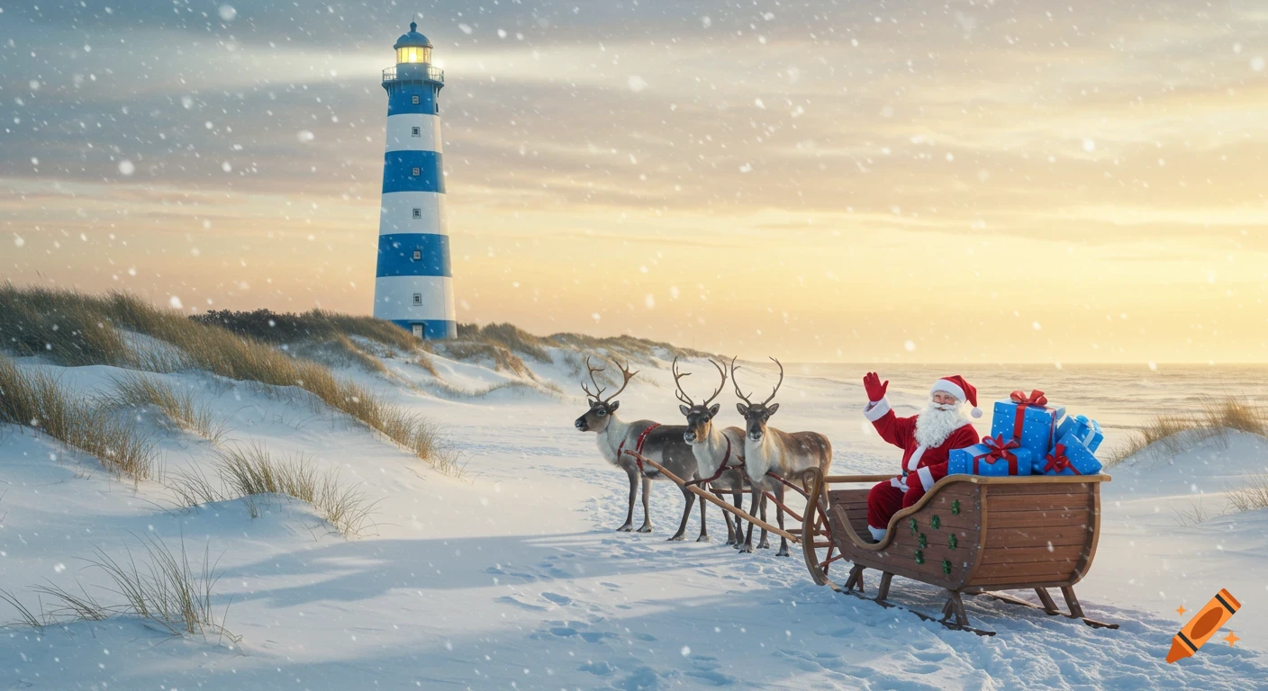 Santa Claus in a sleigh pulled by three reindeer on a snowy beach with a striped lighthouse, during golden hour snowfall.