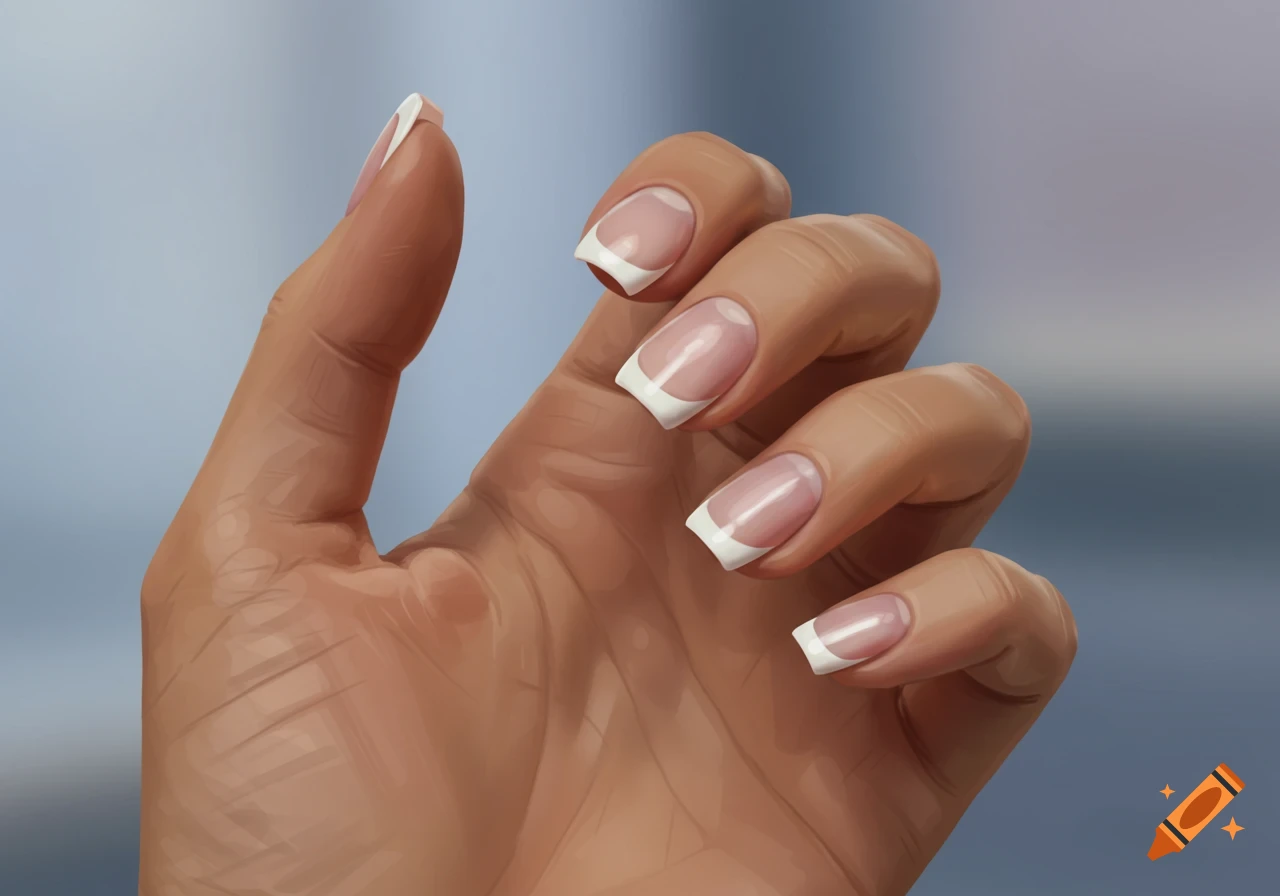 A close-up digital painting of a hand with a classic white-tipped French manicure.
