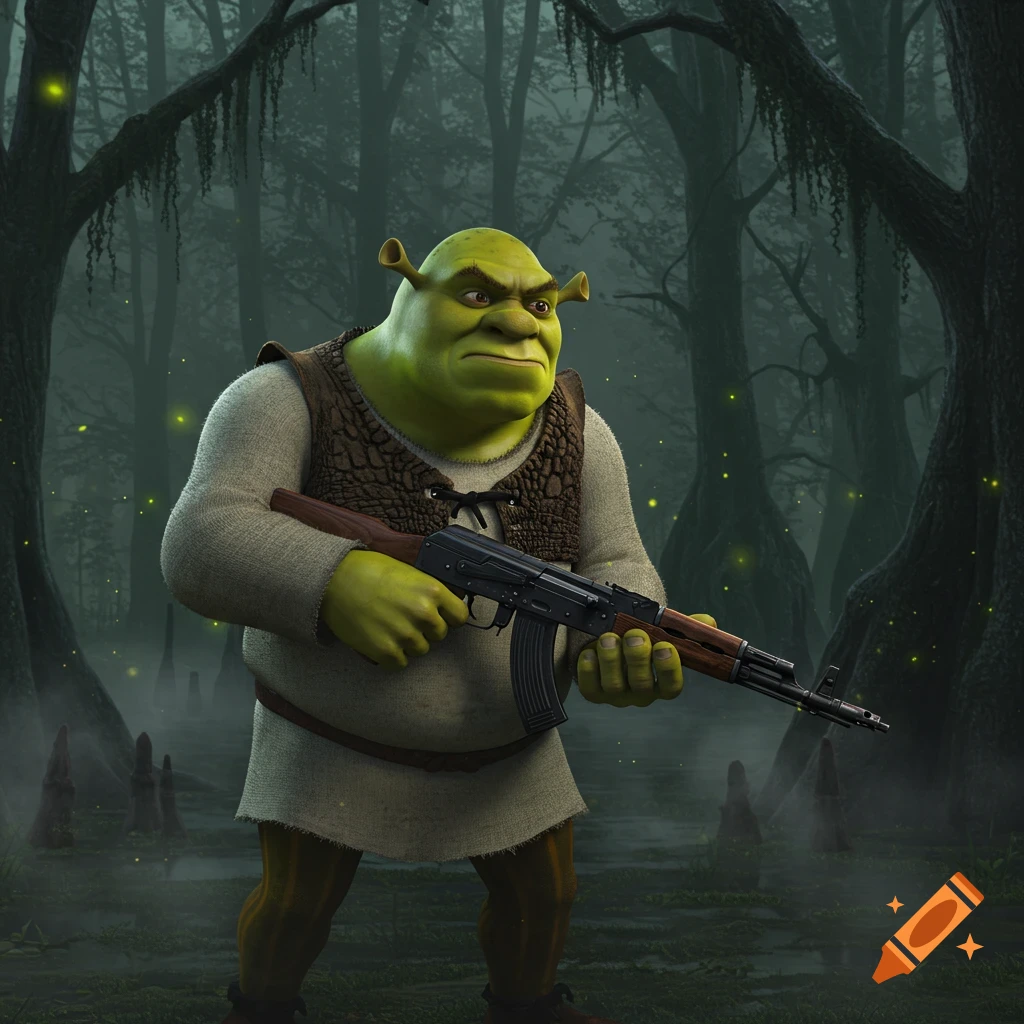 Shrek stands in a dark, misty swamp, holding an AK-47 rifle. Fireflies glow in the background of this realistic render.