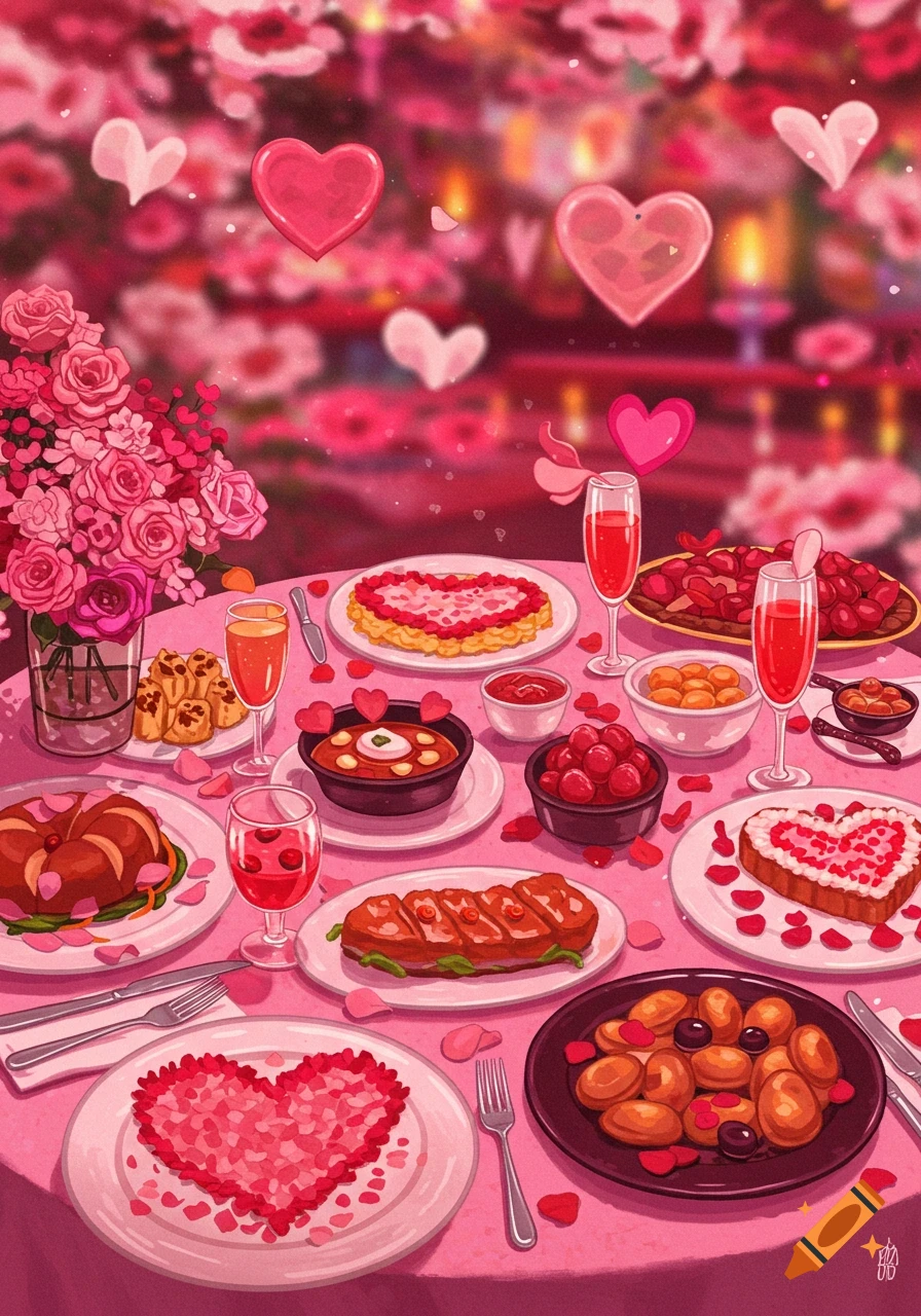 A stylized illustration of a pink Valentine's Day dinner table laden with heart-shaped food, desserts, drinks, and a bouquet of roses.