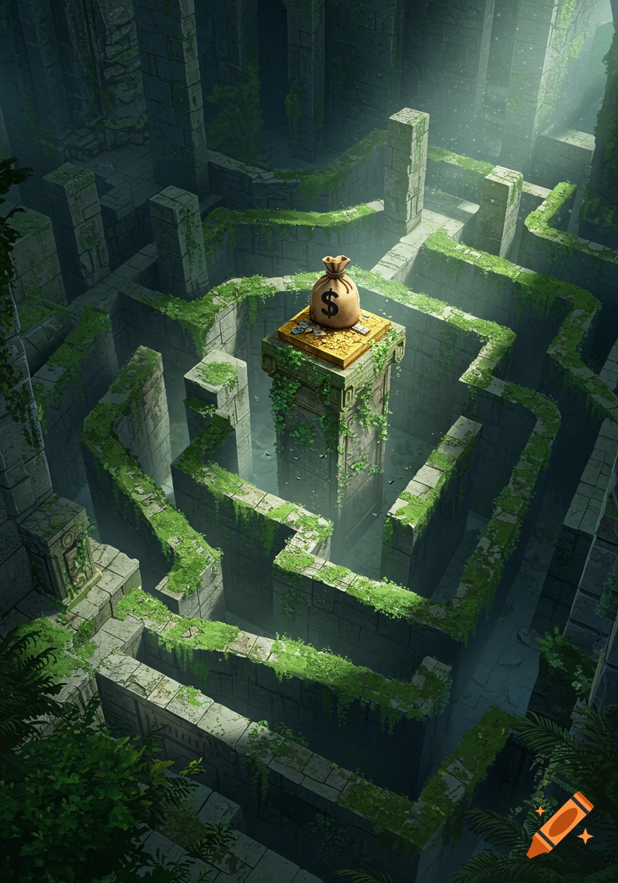 An intricate, moss-covered stone labyrinth seen from above, with a burlap money bag featuring a dollar sign on a central pedestal.
