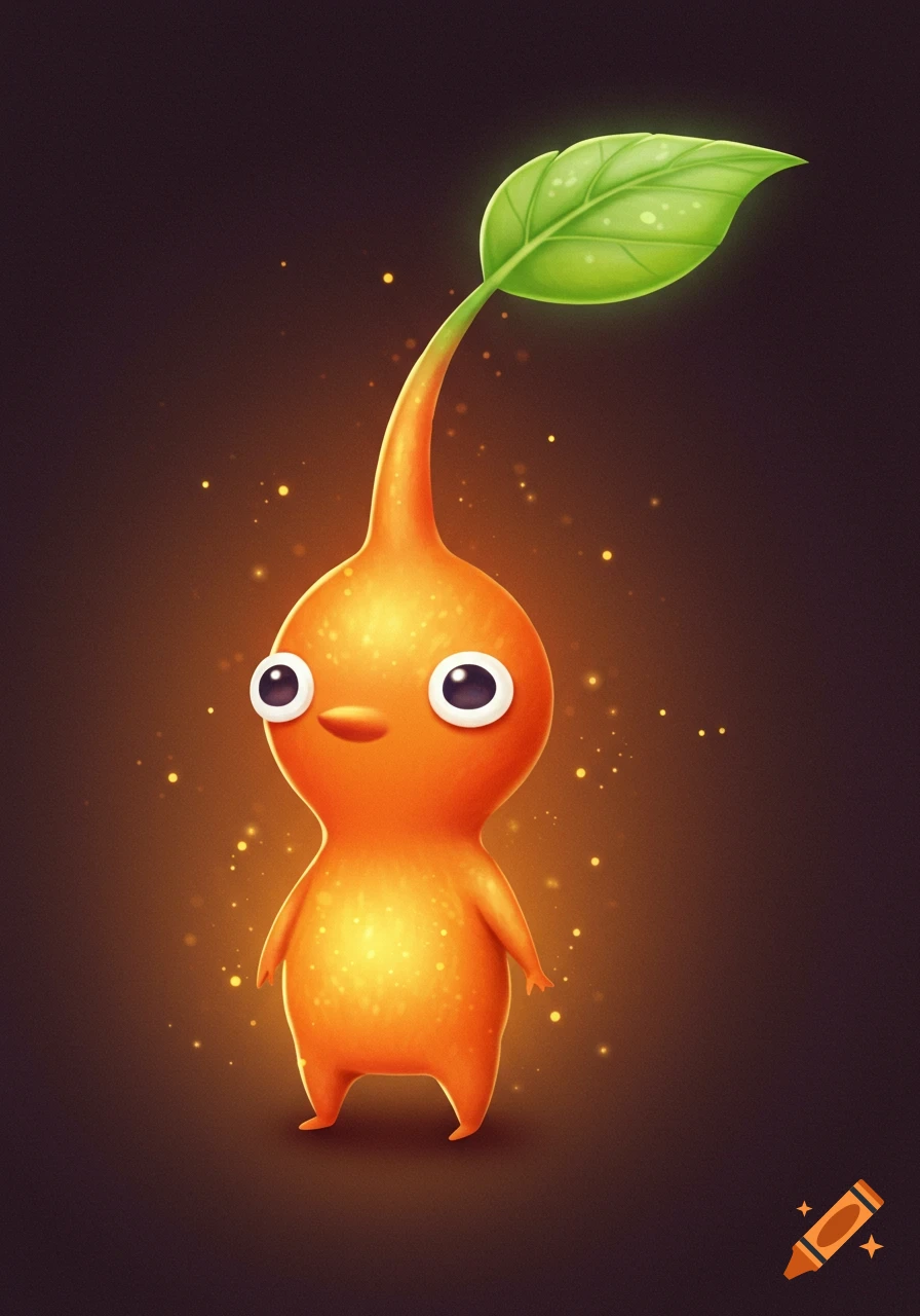 A vibrant orange, round, cartoon Pikmin-like creature with large eyes and a green leaf on its head, glowing against a dark background.
