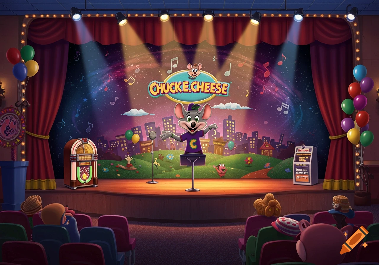 Chuck E. Cheese performing on a brightly lit stage with a cityscape backdrop, music notes, balloons, and arcade machines, viewed from an audience perspective.