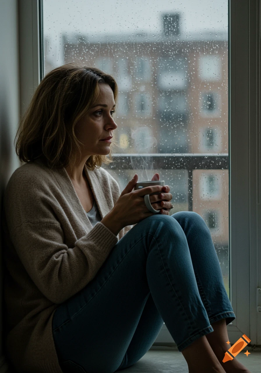 A pensive woman with brown hair sits by a rainy window, looking out while holding a steaming mug.