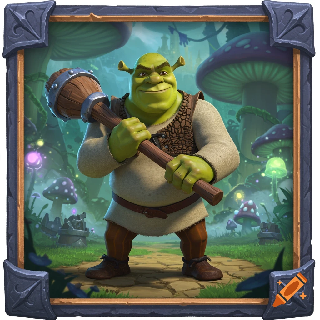 Shrek, a green ogre, holding a large wooden club, stands in an enchanted mushroom forest, framed as a video game card.