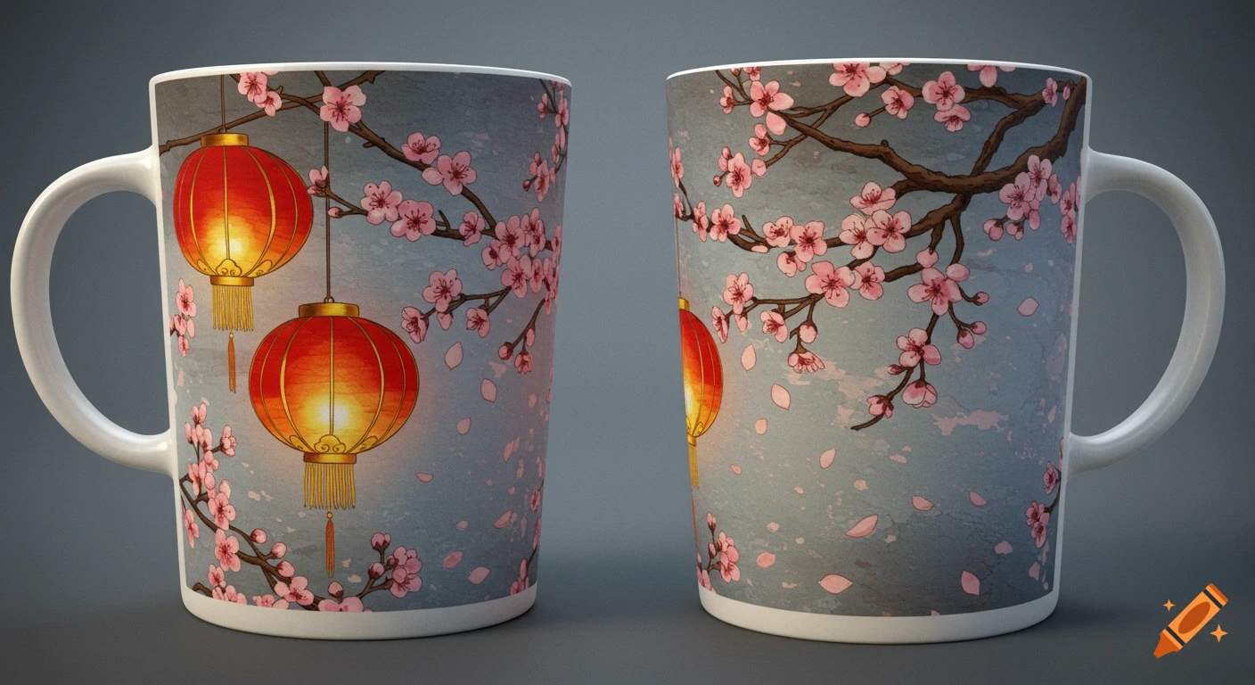 Two white mugs with a panoramic design of glowing red Chinese lanterns and pink cherry blossoms on a textured grey-blue background.