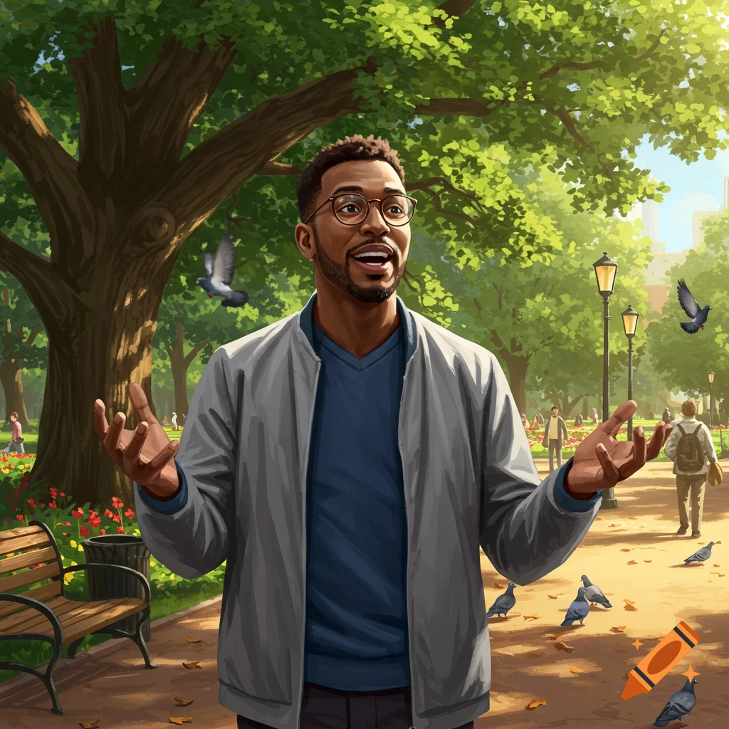 An illustration of a man talking animatedly in a park with trees ...
