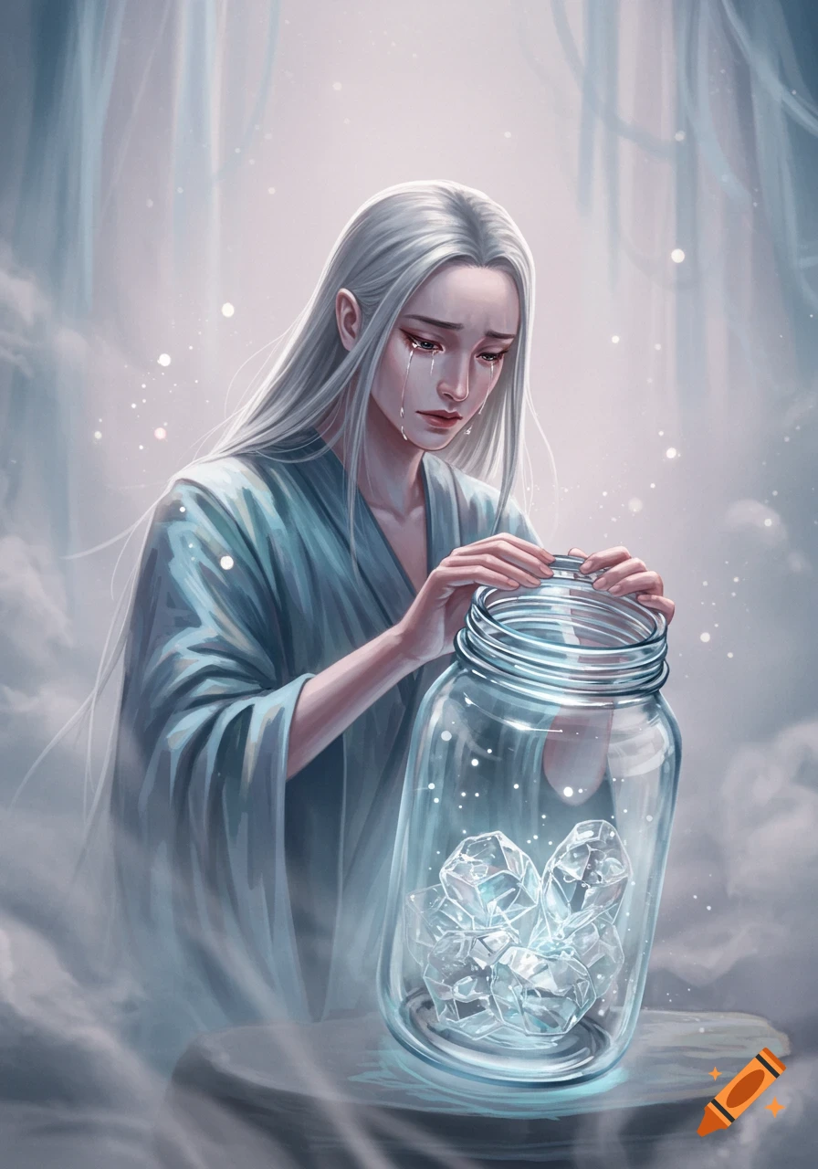 A person with long white hair cries, holding a glass jar filled with sparkling ice crystals in an ethereal, dreamlike setting.