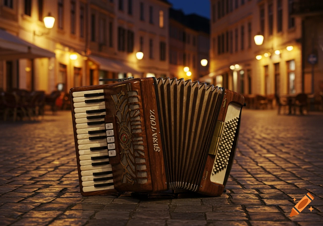 A vintage accordion rests on a cobblestone street in an old European town at dusk, illuminated by warm streetlights.
