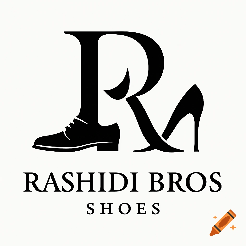 Minimal black and white logo featuring a stylized 'R' with an oxford shoe and a high heel, with 'RASHIDI BROS SHOES' text.