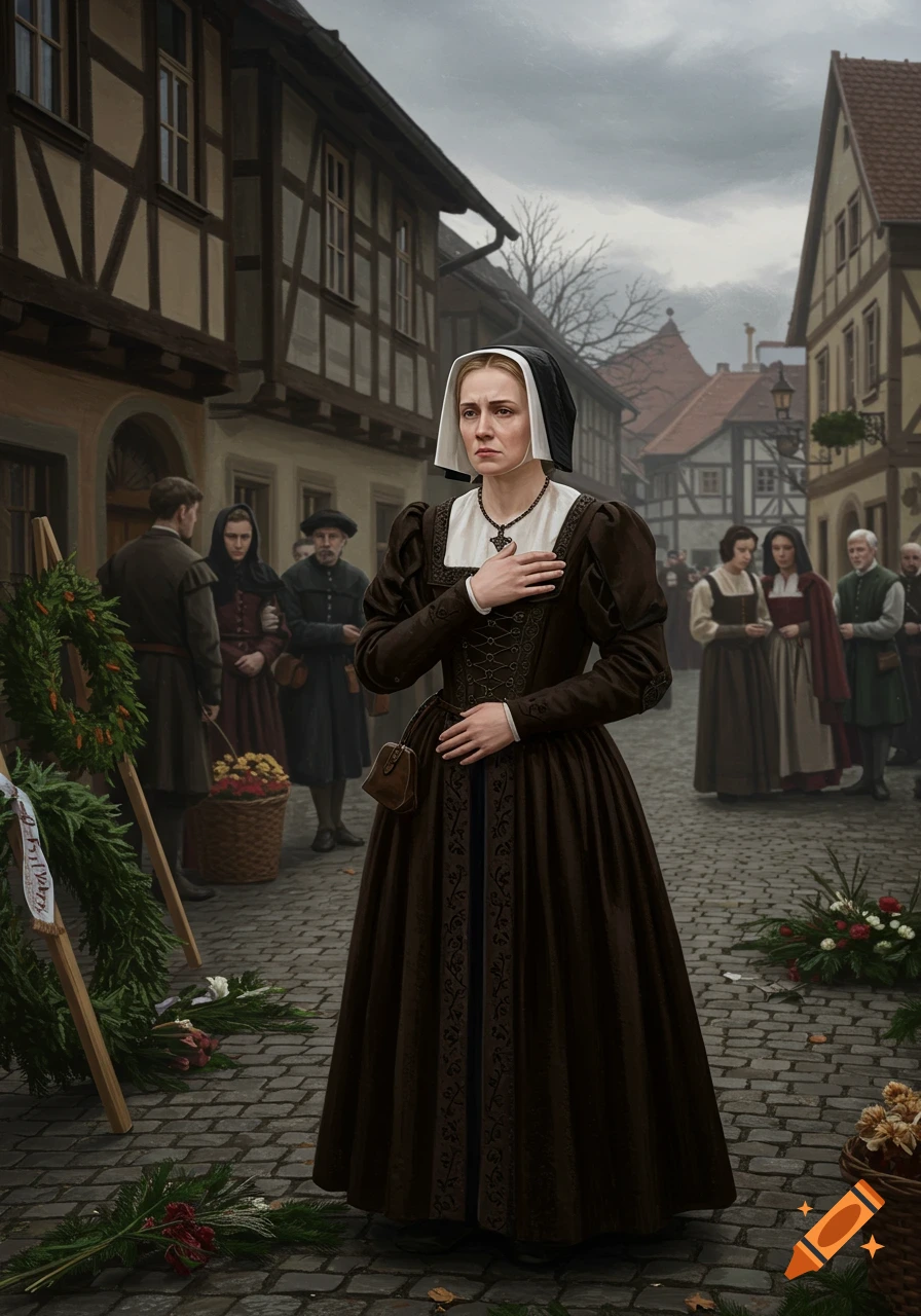 A woman in 16th-century attire stands solemnly in a cobblestone town square, with others and wreaths nearby, under a cloudy sky.